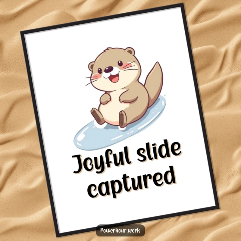 Funny cheerful otter character sliding down a slick surface, as a high-resolution digital art print.