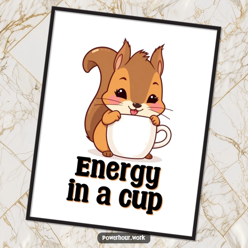 Funny playful squirrel chugging from a cup with a smile, as a high-resolution digital art print.