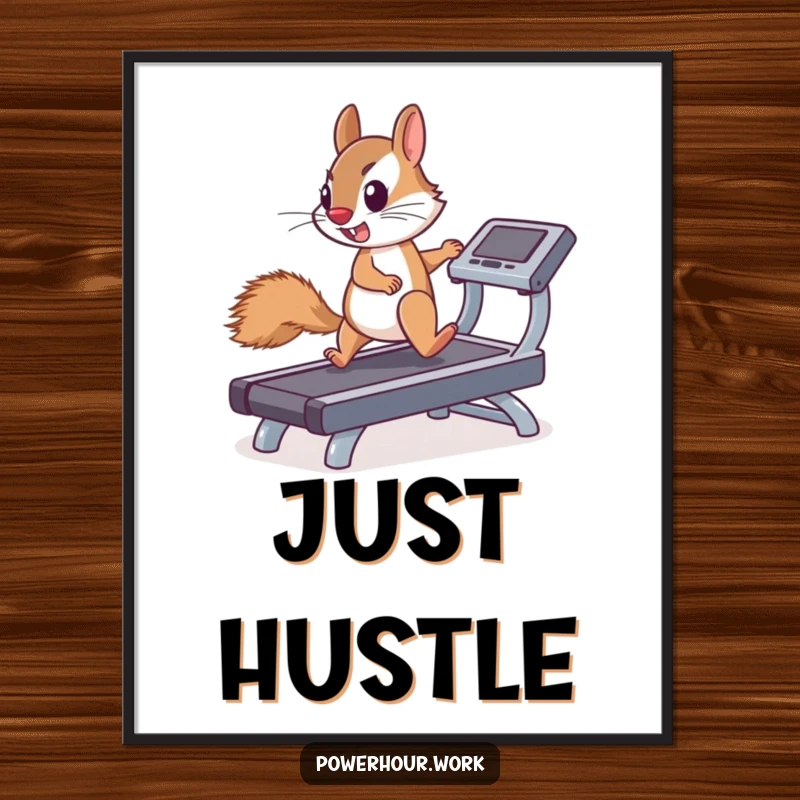 Funny digital art print of a determined squirrel enthusiastically running on a miniature treadmill, symbolizing consistent effort.
