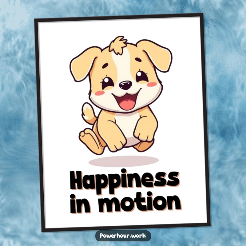 Funny energetic puppy character doing a happy pounce, as a high-resolution digital art print.