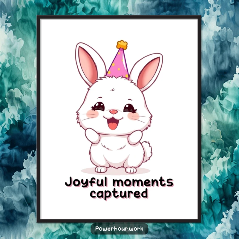 Funny fluffy bunny in a tiny party hat, enthusiastically cheering, as a high-resolution digital art print.