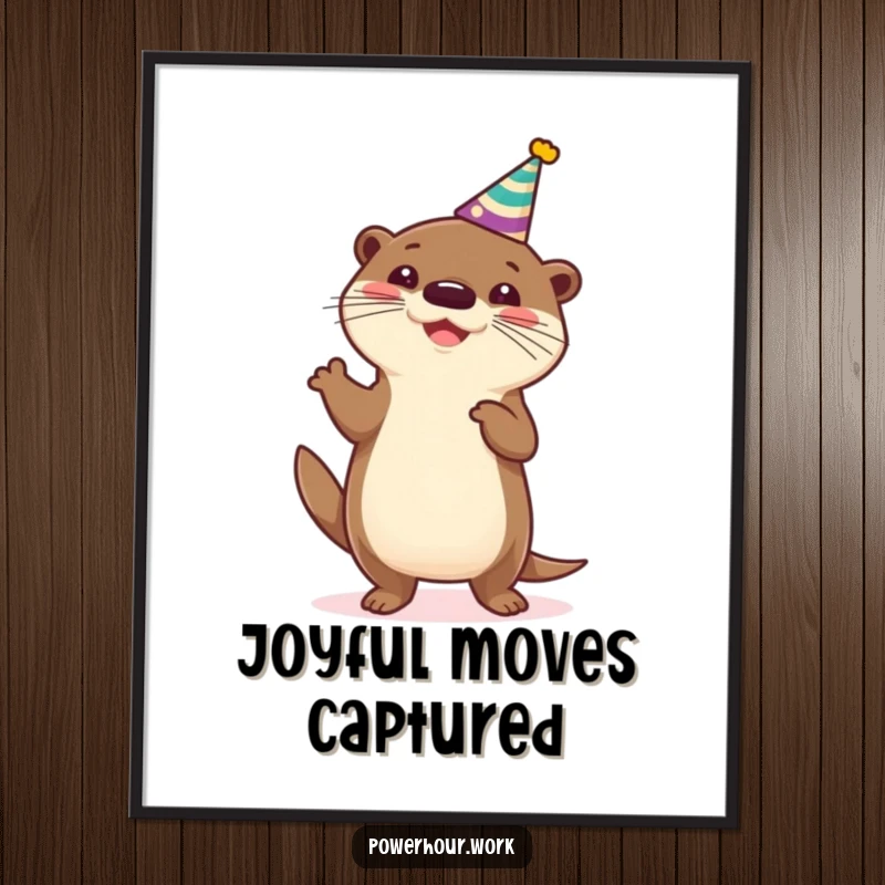 Funny Digital Art Print of a cheerful otter in a party hat, energetically doing a silly dance, bringing instant joy and humor.