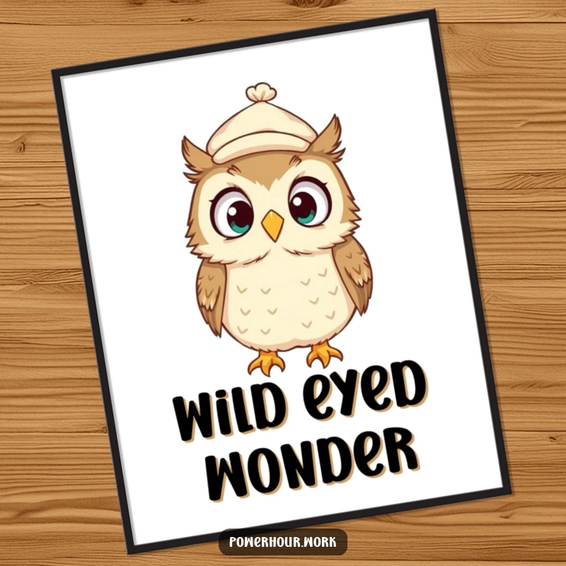 Funny Digital Art Print of a surprised owl in a tiny cap, looking around wildly, capturing a moment of comical bewilderment.