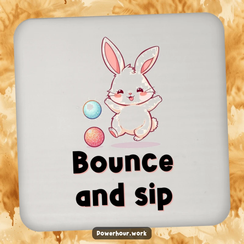 Funny drink coasters featuring a fluffy bunny rabbit energetically bouncing a sparkly ball, protecting furniture with playful charm.