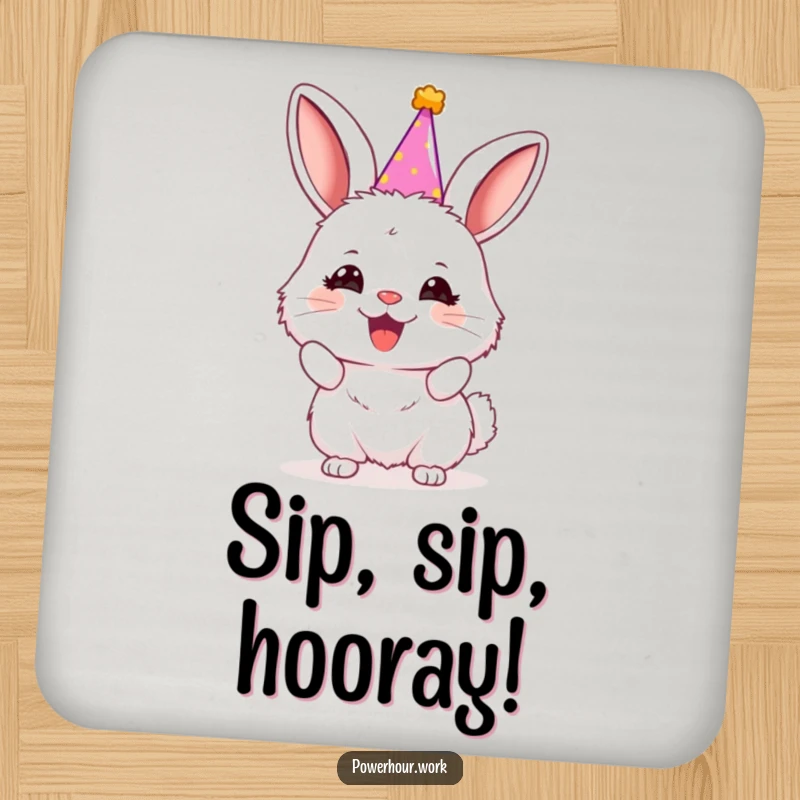 Funny bunny in a miniature party hat, enthusiastically cheering, on a protective drink coaster.