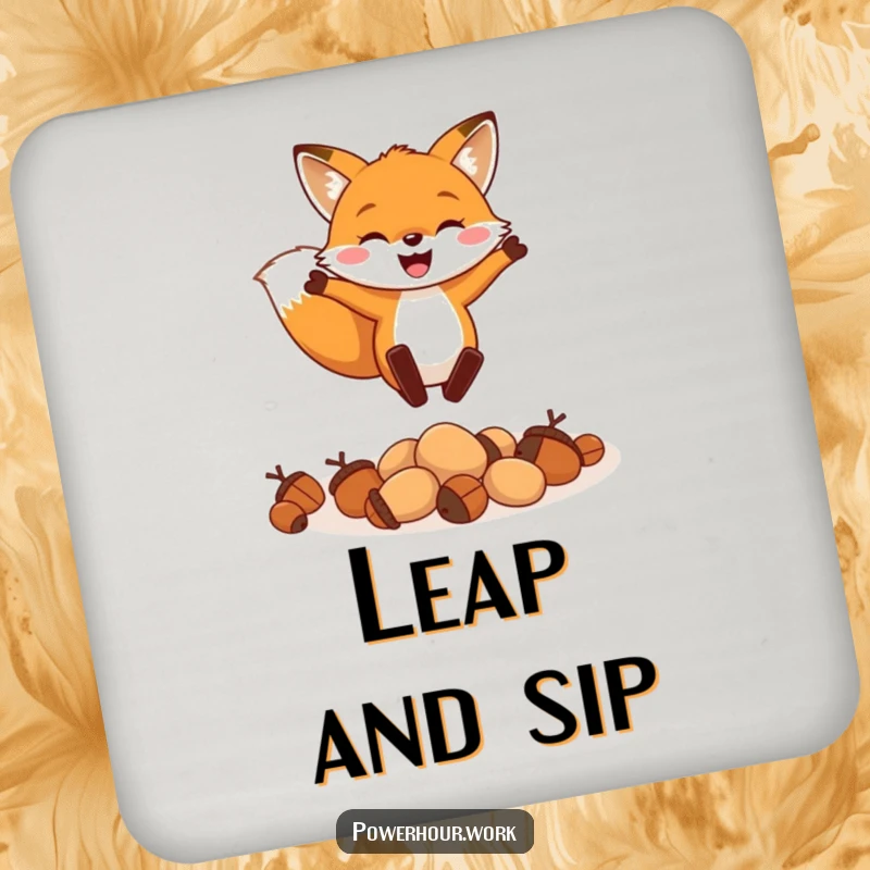 Funny drink coasters featuring a cheerful fox enthusiastically leaping over a small pile of acorns, adding playful charm to any table.