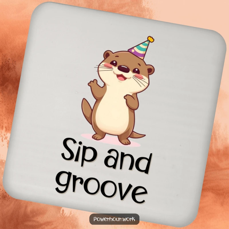 Funny Coaster showcasing a cheerful otter in a party hat, dancing playfully, protecting surfaces with humor and style.