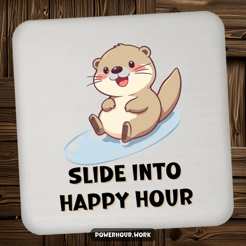 Funny cheerful otter character sliding down a slick surface, on a protective drink coaster.