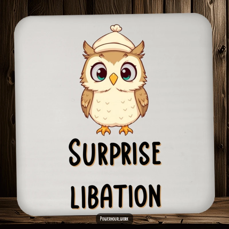Funny Coaster showcasing a surprised owl in a tiny cap, looking around wildly, adding comical surprise and protection.