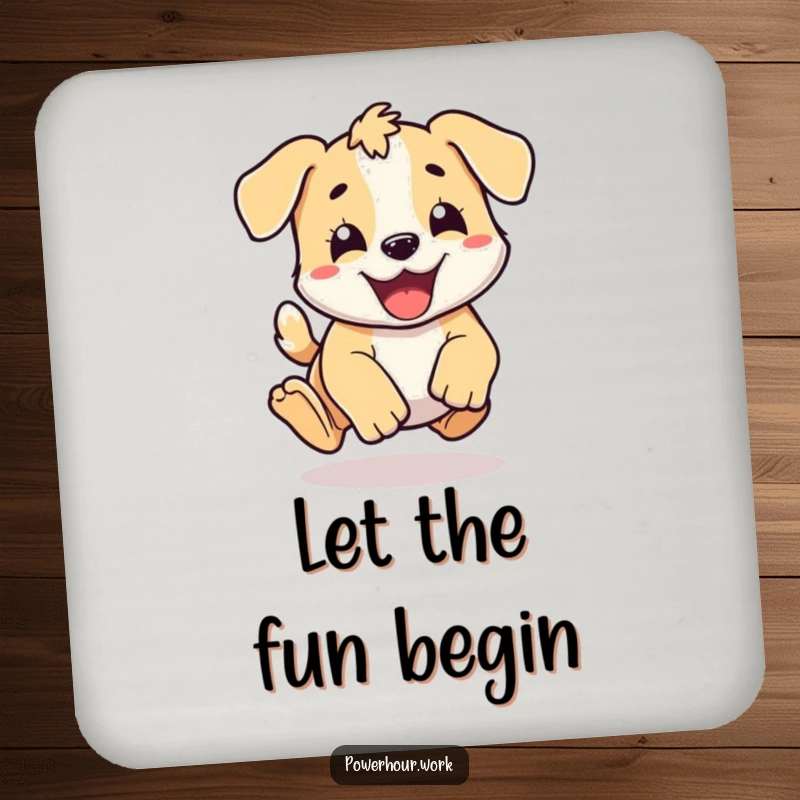 Funny energetic puppy doing a happy pounce, on a protective drink coaster.