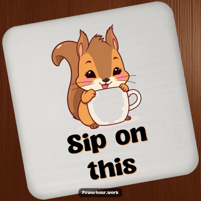 Funny playful squirrel chugging from a cup with a smile, on a protective drink coaster.