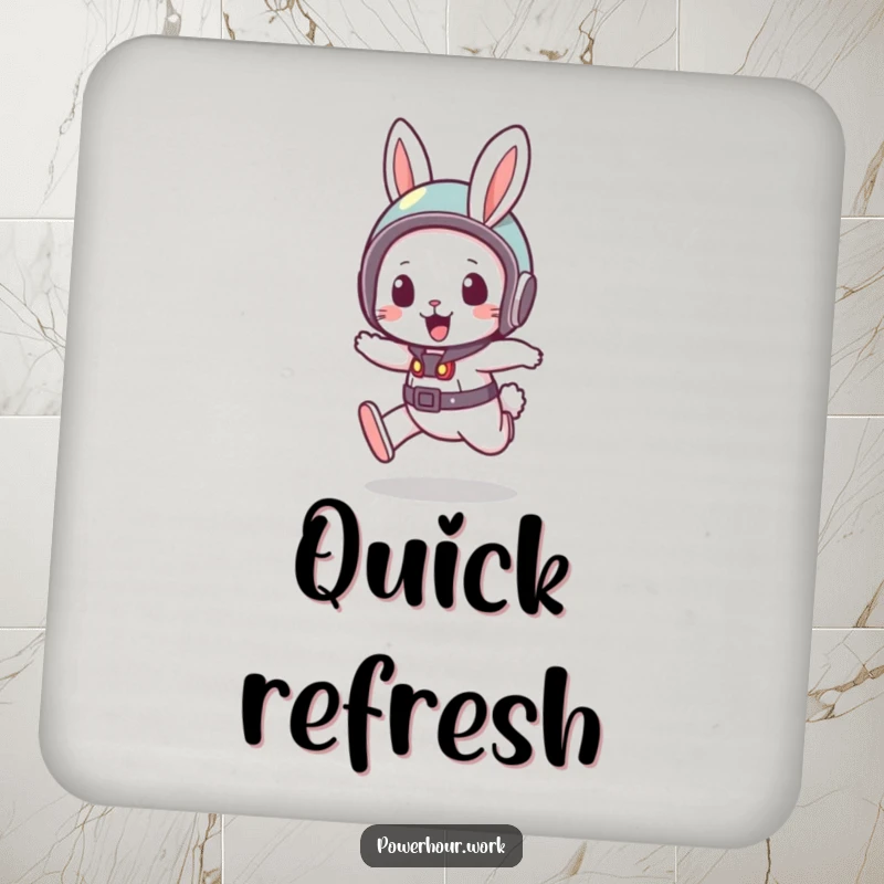 Funny Coaster showcasing a bouncy rabbit in a small helmet, in a quick dash, adding speed and protection to surfaces.