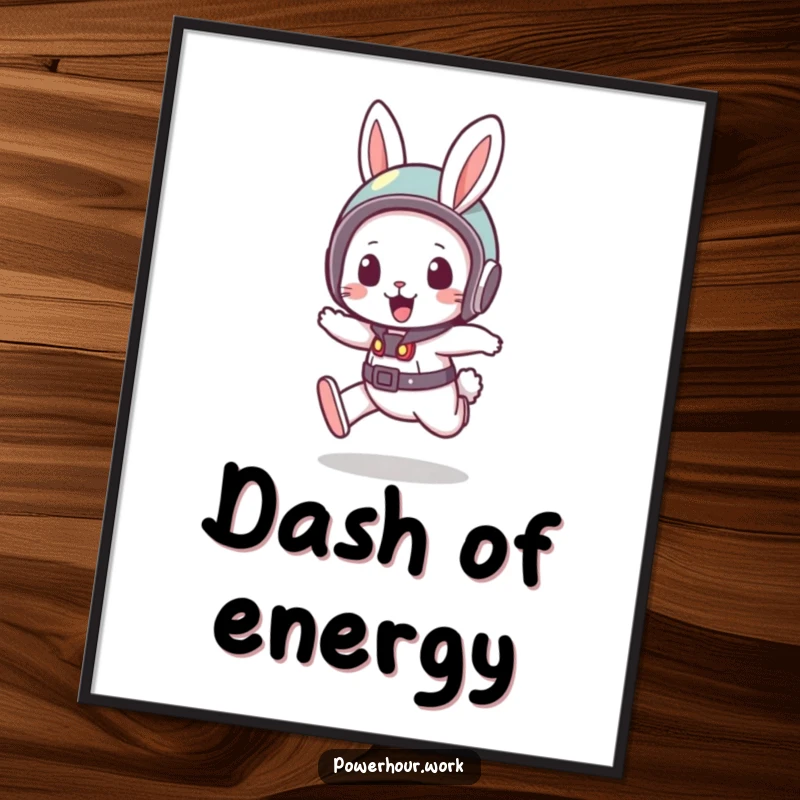 Funny Poster of a bouncy rabbit wearing a small helmet, in a quick dash, bringing dynamic, humorous energy to your walls.