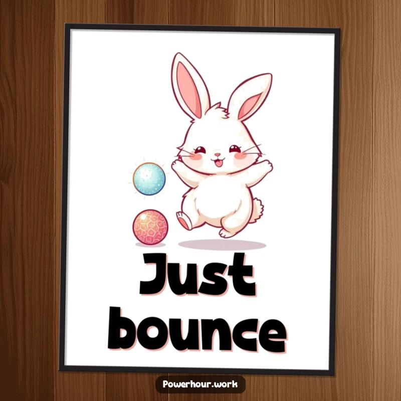 Funny poster art of a fluffy bunny rabbit energetically bouncing a sparkly ball, bringing a playful and vibrant energy to any wall.