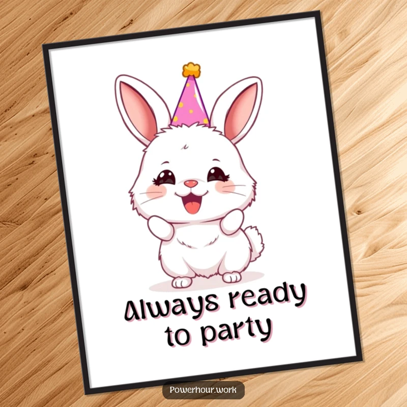 Funny bunny wearing a tiny party hat, enthusiastically cheering, depicted in a vibrant and cheerful poster.