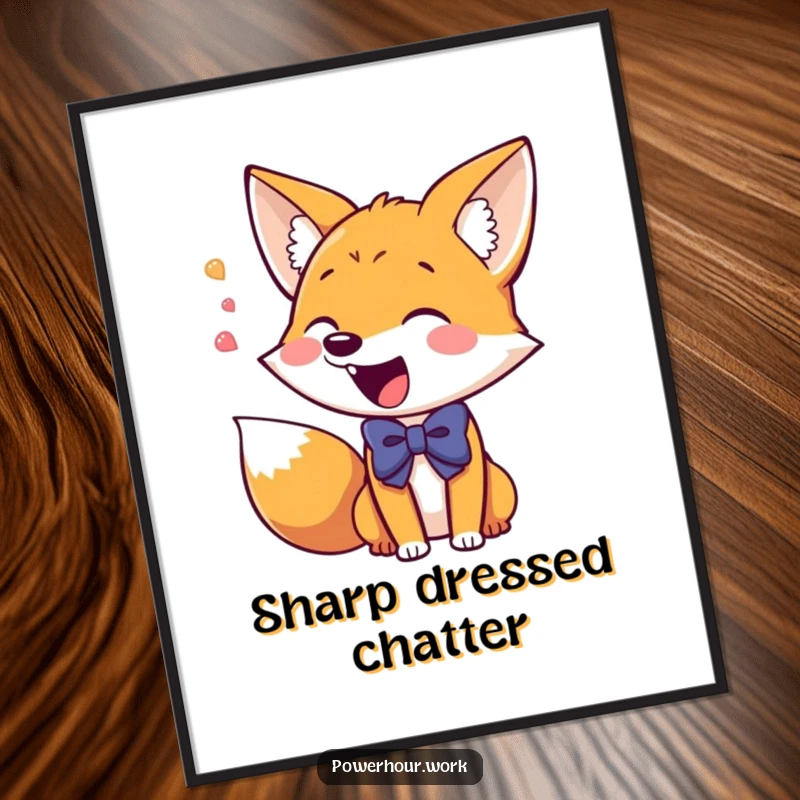 Funny Poster of a giddy fox wearing a bowtie, excitedly chattering, bringing vibrant, animated energy to your walls.