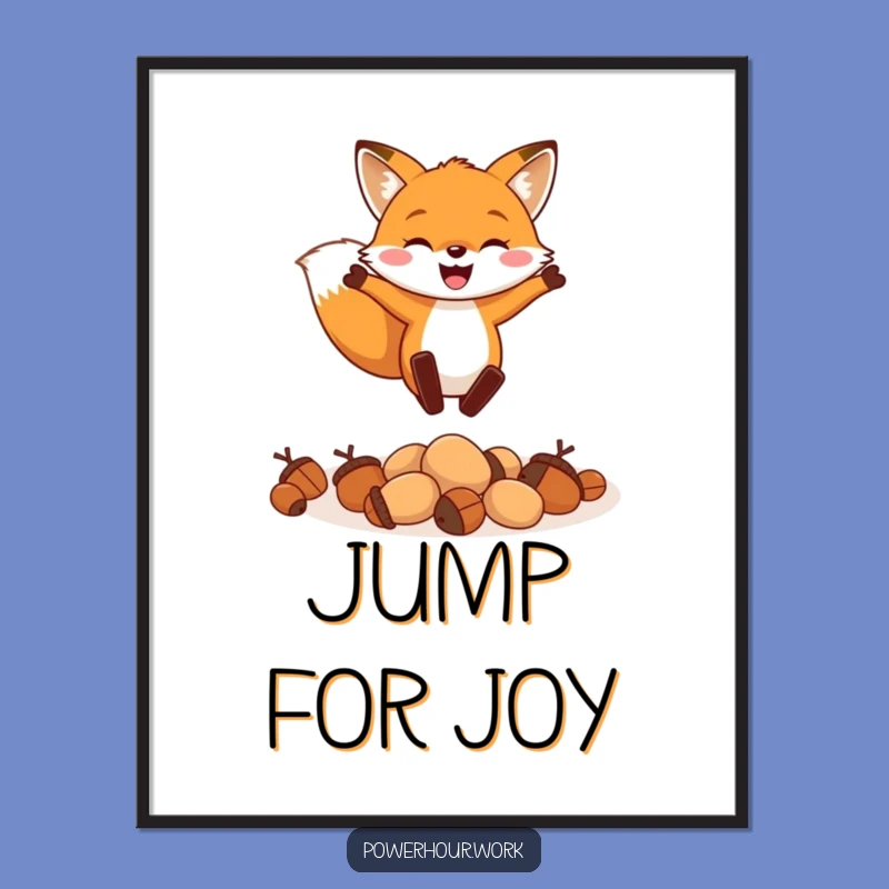 Funny Fox Leaping Acorns Poster: Cheerful Wall Art, Humorous Gift