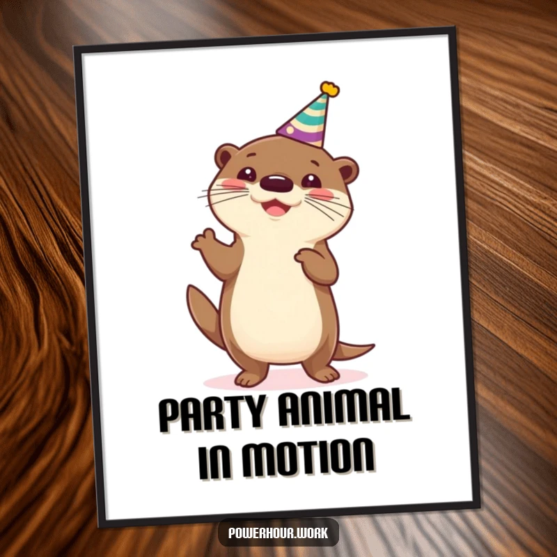 Funny Poster depicting a cheerful otter in a party hat, caught mid-silly dance, bringing vibrant, humorous energy to your wall.