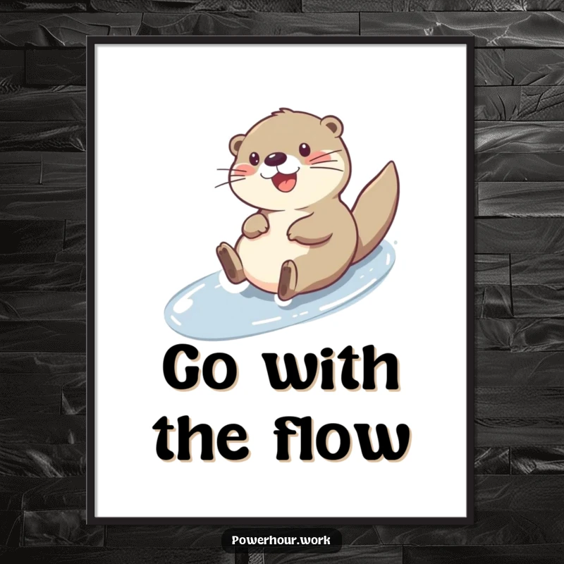 Funny cheerful otter character sliding down a slick surface, depicted in a vibrant art poster.