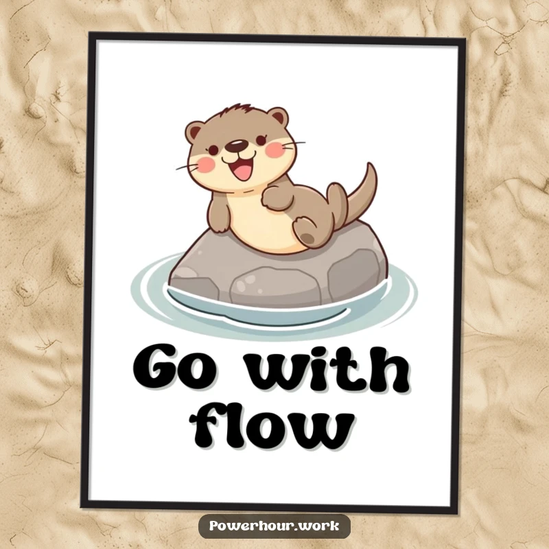 Funny poster art of a playful otter gleefully sliding down a smooth river stone, bringing a sense of lighthearted fun.