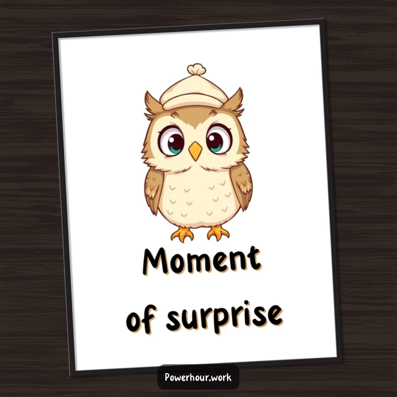 Funny Poster of a surprised owl in a tiny cap, looking around wildly with comical bewilderment, adding whimsical charm to your walls.