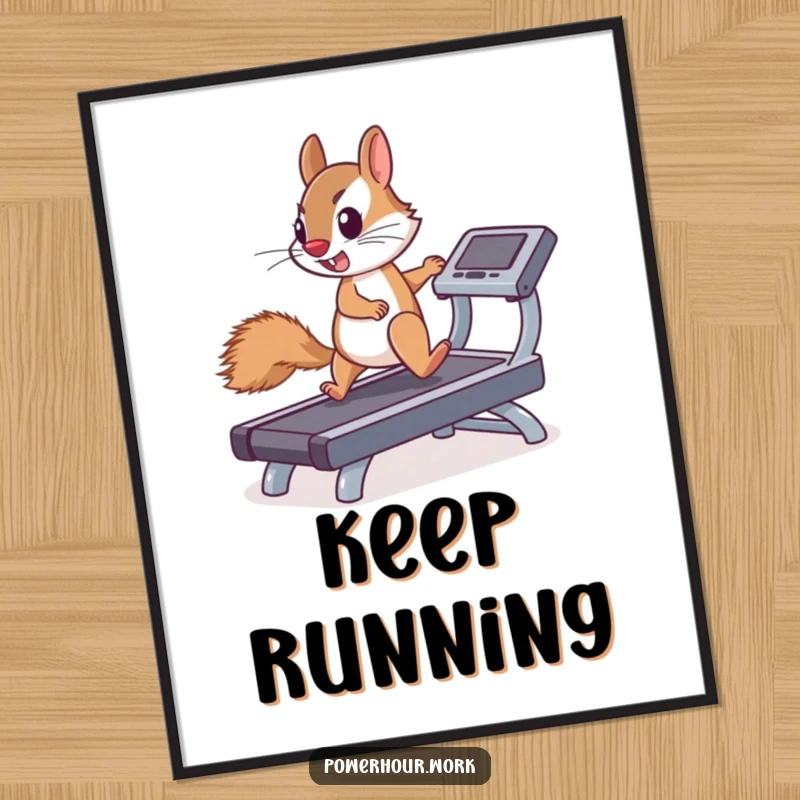 Funny poster of a determined squirrel enthusiastically running on a miniature treadmill, celebrating perseverance and energy.