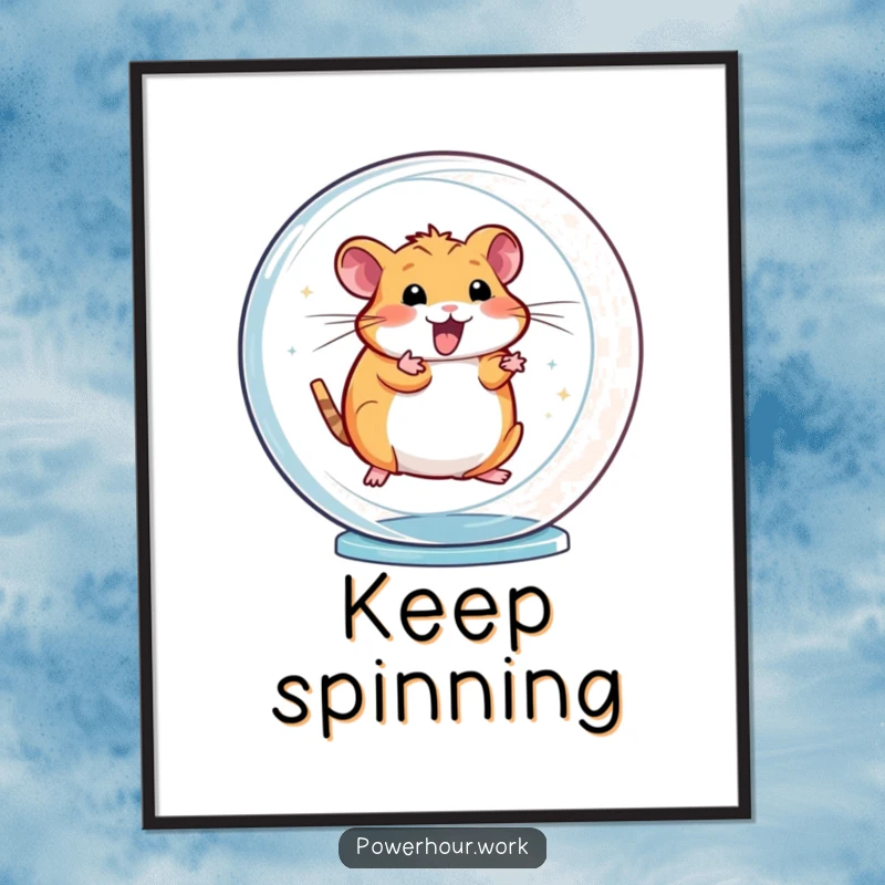 Funny poster art of an energetic hamster spinning rapidly in a transparent wheel, bringing a sense of excitement and activity.