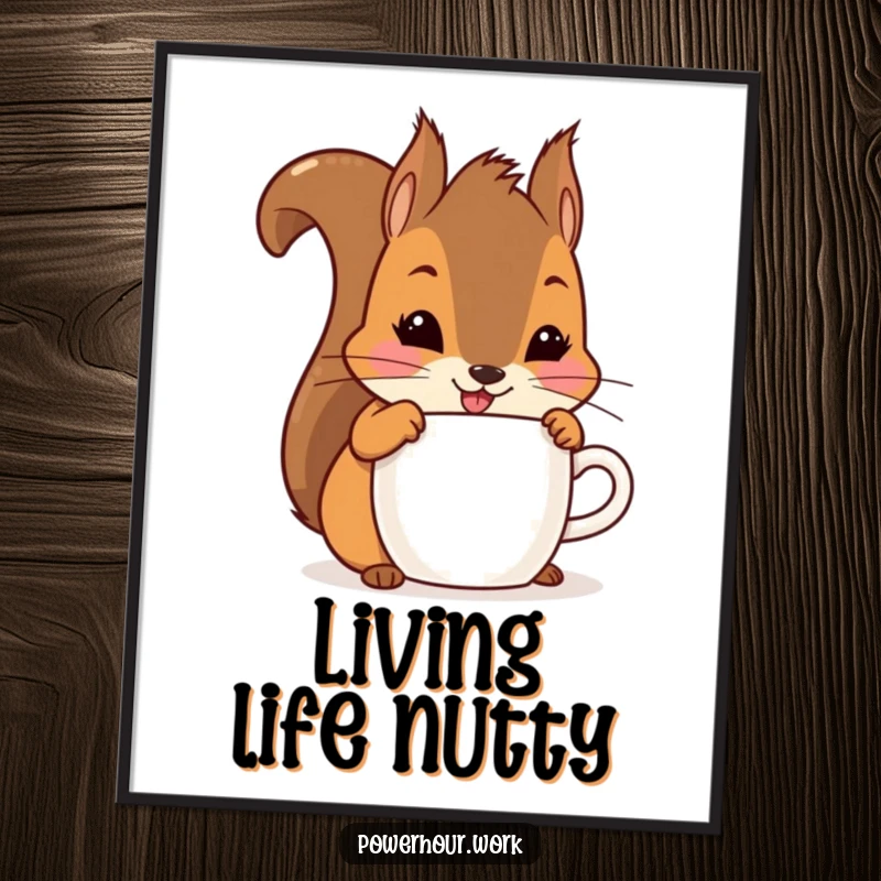 Funny playful squirrel chugging from a cup with a smile, featured in a humorous art poster.