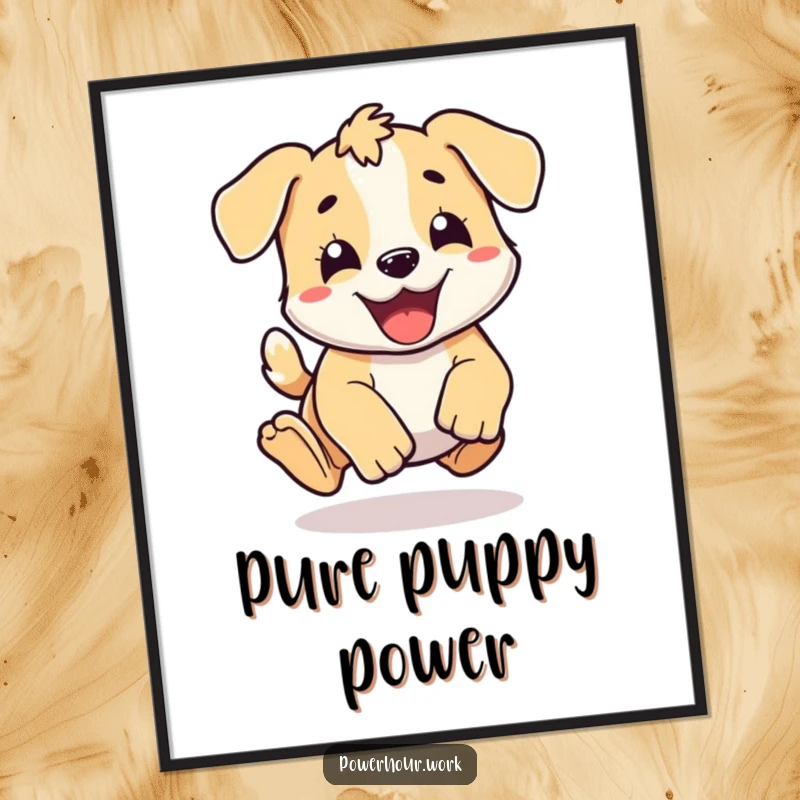 Funny energetic puppy character in a happy pounce, depicted in a vibrant art poster.