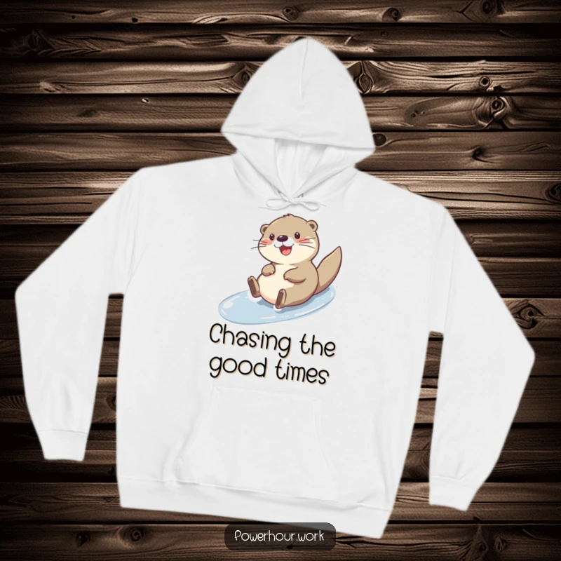 Funny cheerful otter character captured mid-slide, on a warm and cozy hoodie.