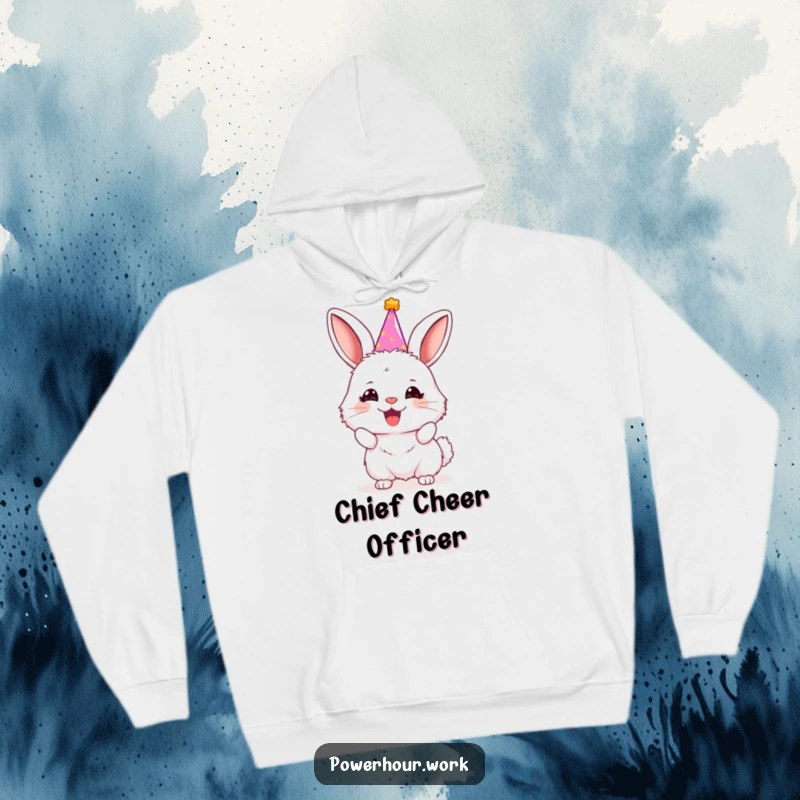 Funny bunny in a cute tiny party hat, enthusiastically cheering, printed on a warm and soft hoodie for cozy vibes.