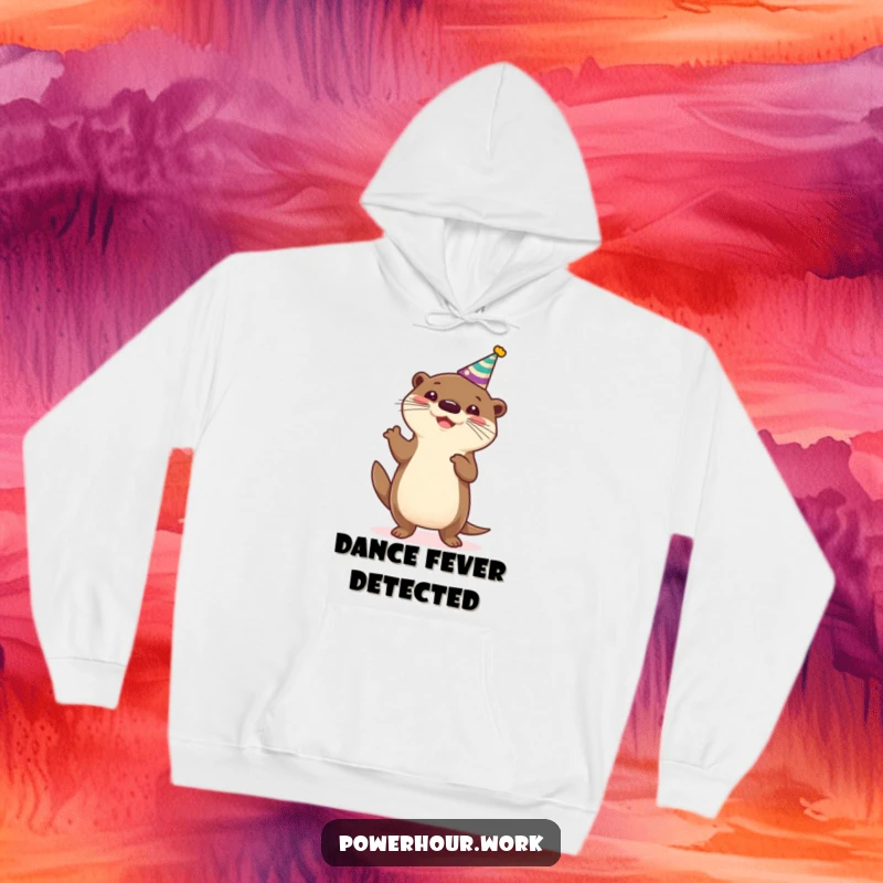 Funny Hoodie displaying a cheerful otter in a party hat, enthusiastically doing a silly dance, perfect for chilly days and big laughs.