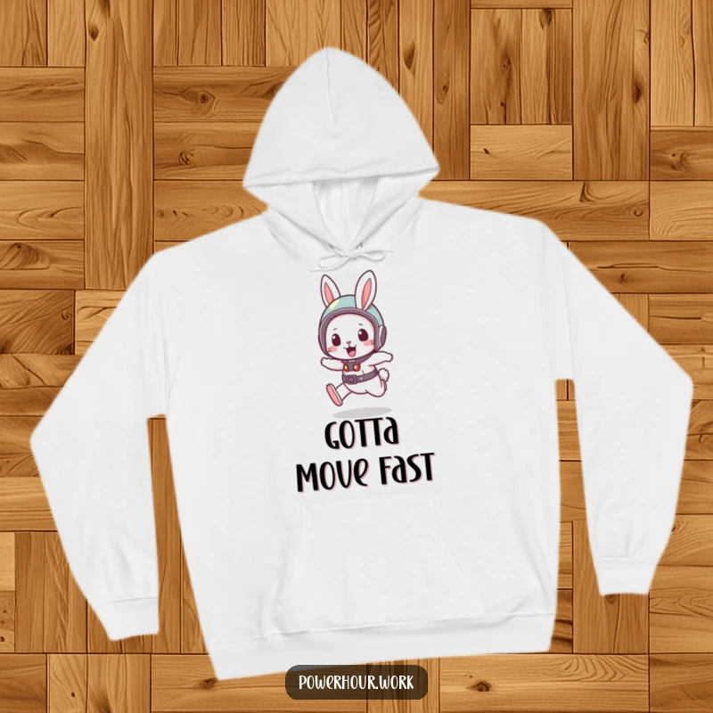 Funny Hoodie featuring a bouncy rabbit wearing a small helmet, in a quick dash, offering warmth and a spirit of speed.