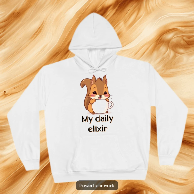 Funny playful squirrel chugging from a hidden cup with a joyful smile, on a warm hoodie.