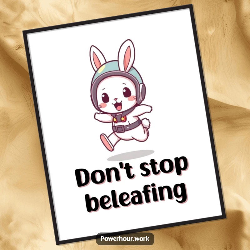 Funny free printable wall art: A rabbit in a small helmet performs a quick dash, conveying speed and playful energy.