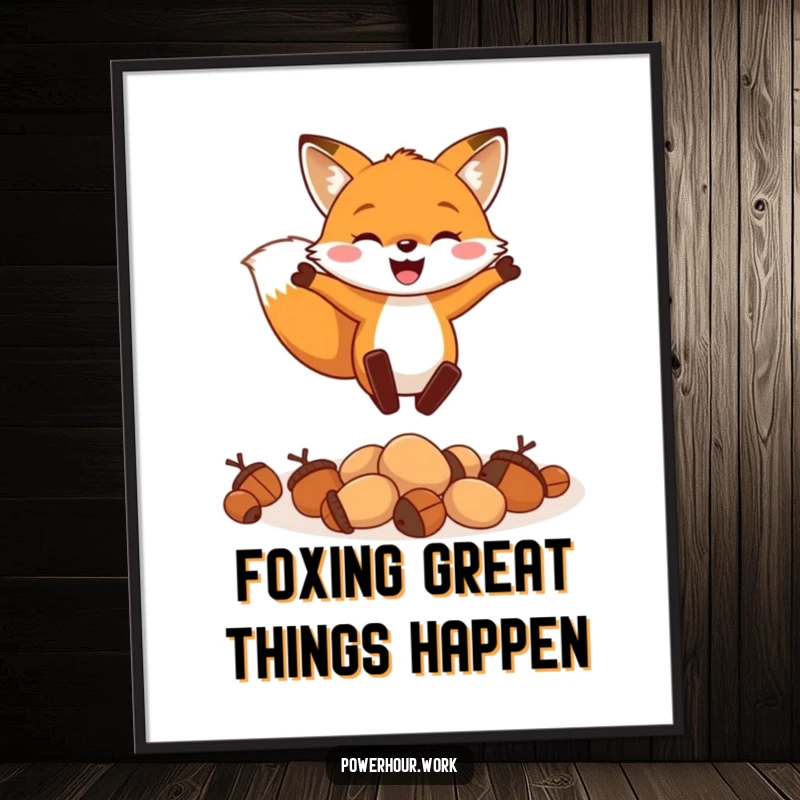 Funny Free Printable Wall Art of a cheerful fox enthusiastically leaping over a small pile of acorns, bringing playful energy to decor.