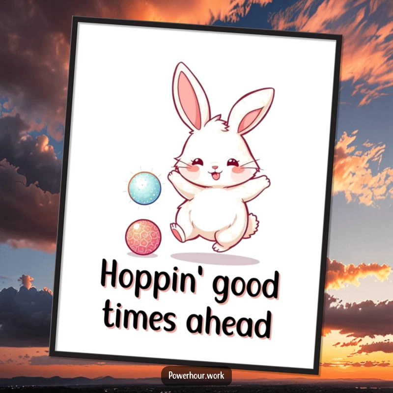Funny Free Printable Wall Art of a fluffy bunny energetically bouncing a sparkly ball, adding a playful and humorous vibe.