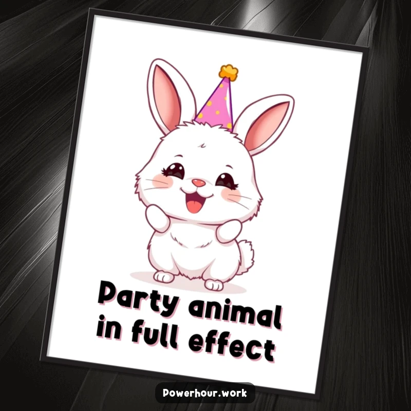 Funny Free Printable Wall Art; a fluffy bunny in a tiny party hat cheering enthusiastically, ready to bring joy to any space.