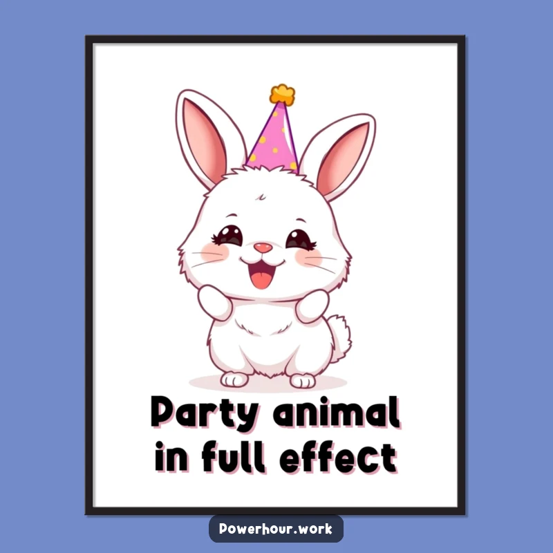 Free Printable Wall Art: Fluffy Bunny Party Hat Cheer, Funny Downloadable Decor