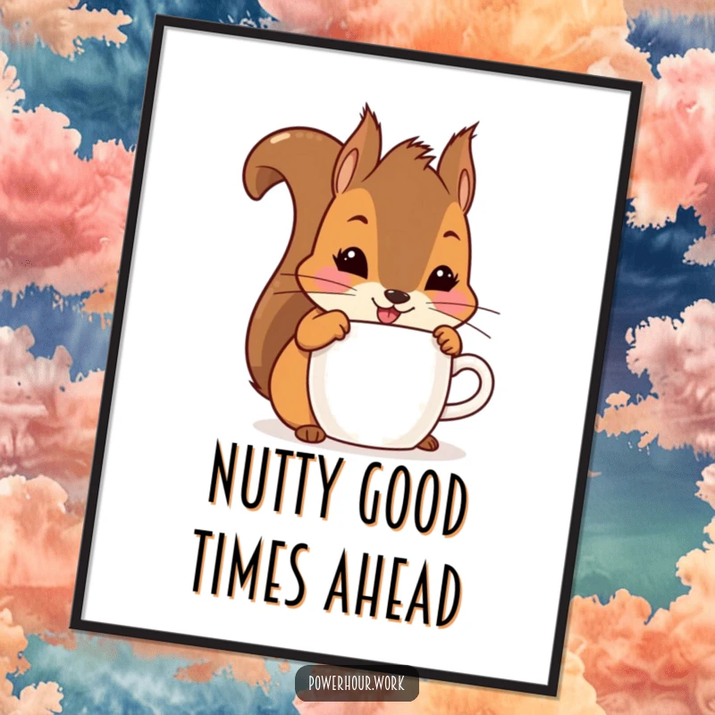 Funny Free Printable Wall Art of a playful squirrel with a huge grin, secretly chugging from a cup, radiating pure joy.