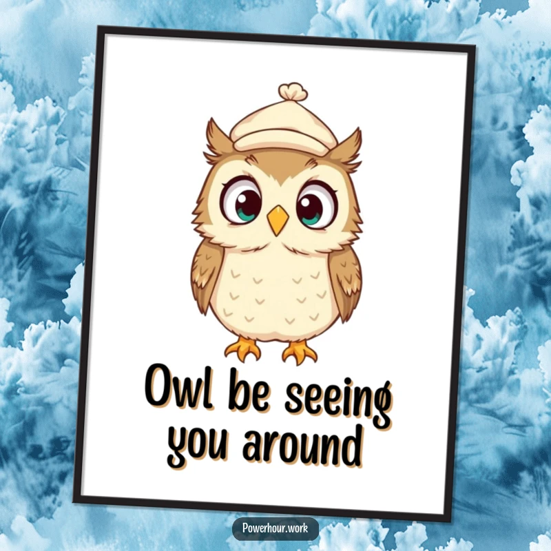 Funny free printable wall art: A surprised owl in a tiny cap looking wildly around, perfect for a chuckle.