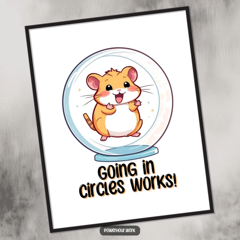 Funny Free Printable Wall Art of an energetic hamster spinning rapidly in a transparent wheel, adding a humorous and lively element.