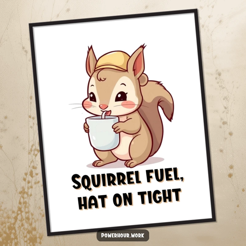 Funny Free Printable Squirrel Wall Art: A hyperactive squirrel in a tiny hat energetically chugs from a small cup, full of life.