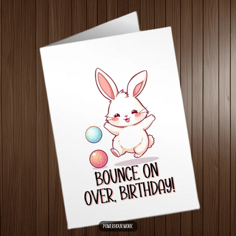 Funny Free Printable Birthday Card featuring a fluffy bunny energetically bouncing a sparkly ball, spreading birthday cheer and giggles.