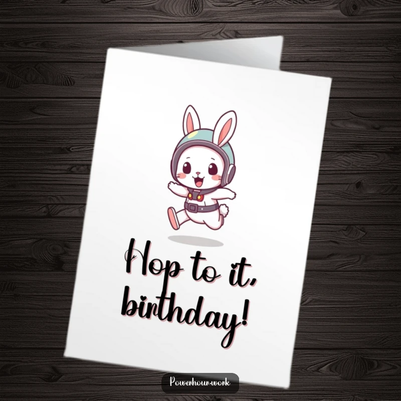 Funny free printable birthday card: A bouncy rabbit wearing a small helmet is doing a quick dash, full of playful speed.