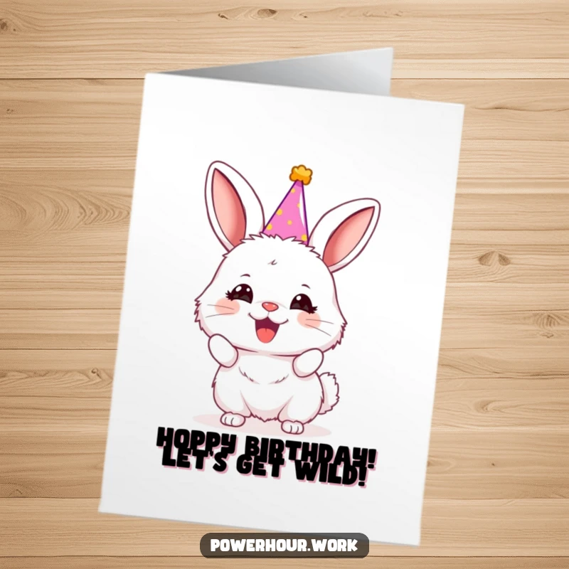 Funny Free Printable Birthday Card featuring a fluffy bunny in a tiny party hat, cheering with pure energetic joy and excitement.