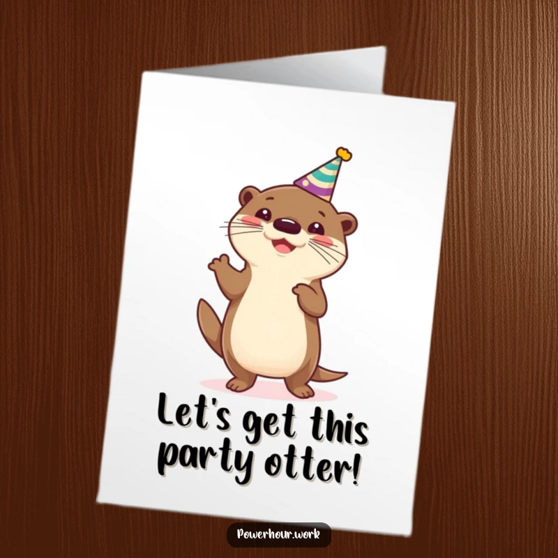 Funny free printable birthday card: Cheerful otter in party hat dancing silly, making for a joyful DIY celebration.