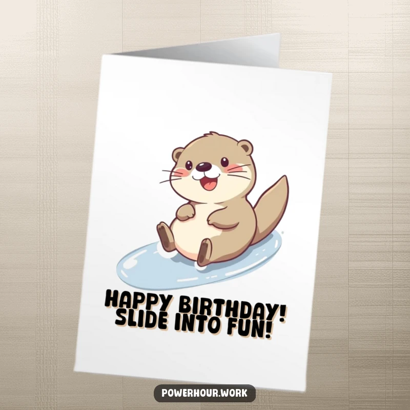 Funny Free Printable Birthday Card: a cheerful otter character joyfully sliding down a slick surface, celebrating with pure delight.