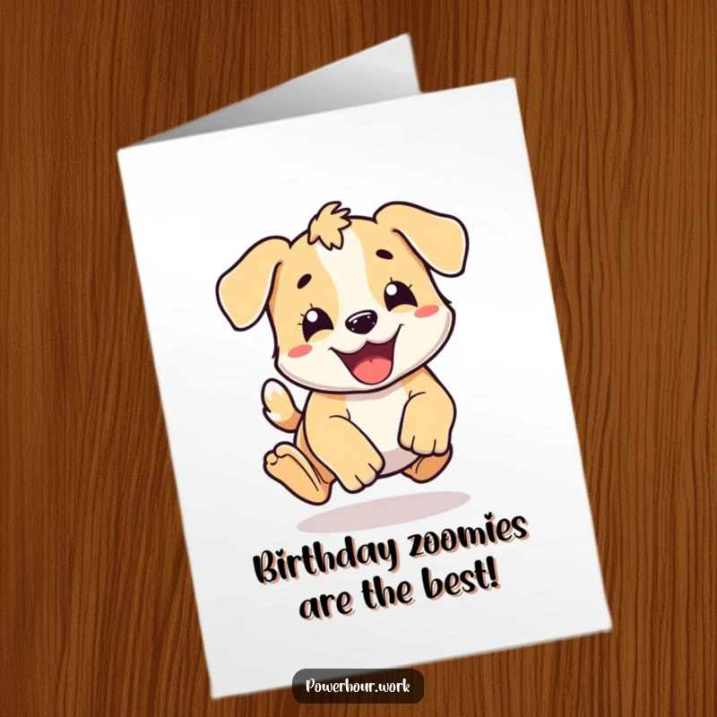Funny Free Printable Birthday Card featuring an energetic puppy character mid-pounce, full of uncontainable joy and birthday excitement.
