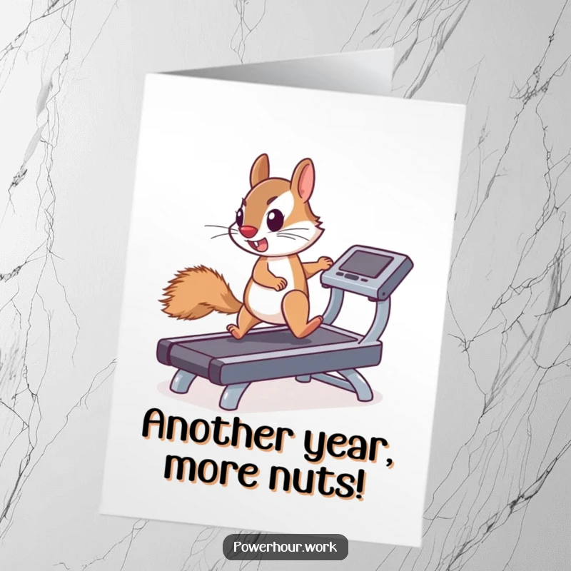 Funny Free Printable Birthday Card showing a determined squirrel enthusiastically running on a miniature treadmill, promoting fitness and fun.